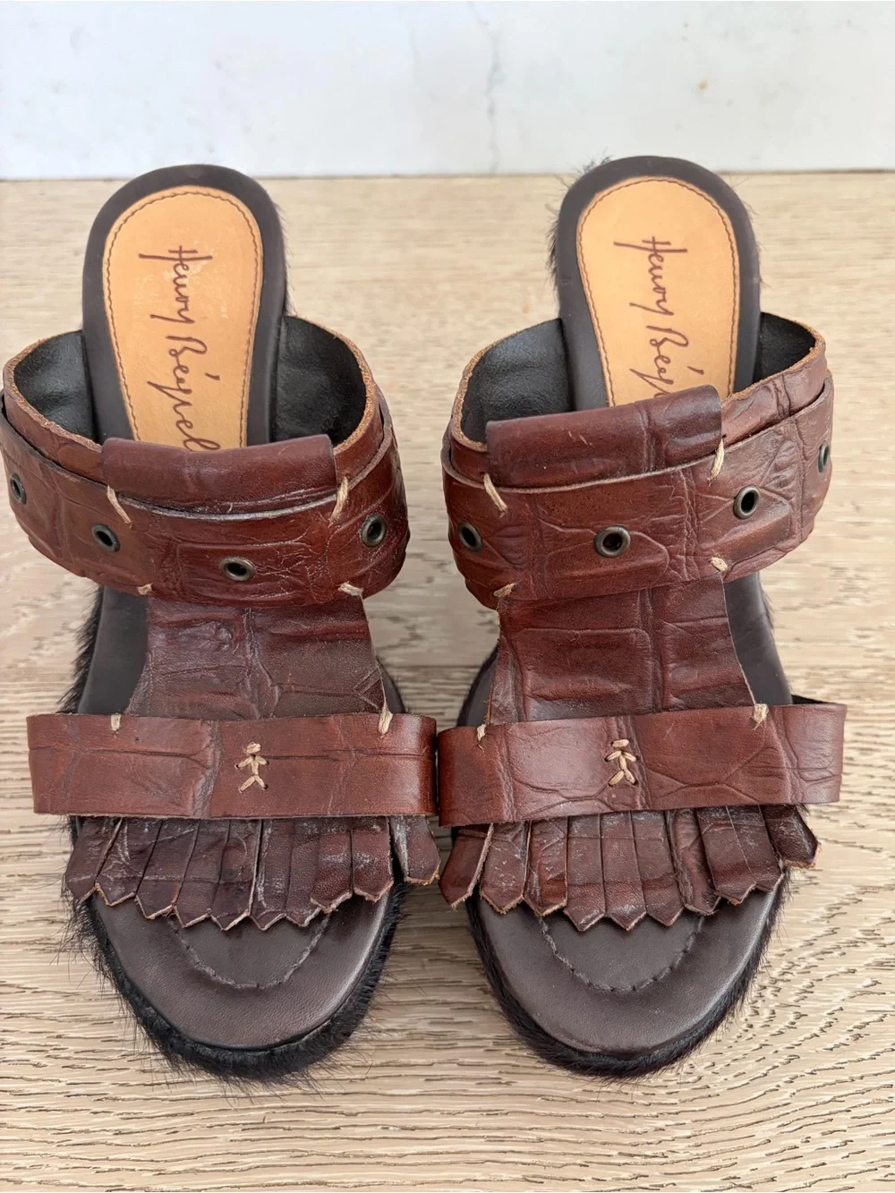 Henry Beguelin Made in Italy Pony Hair And Brown Leather Platform Wedge Mules